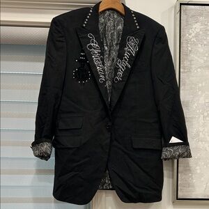 Christian Audigier Black Embellished Sport Coat with Rhinestone Script